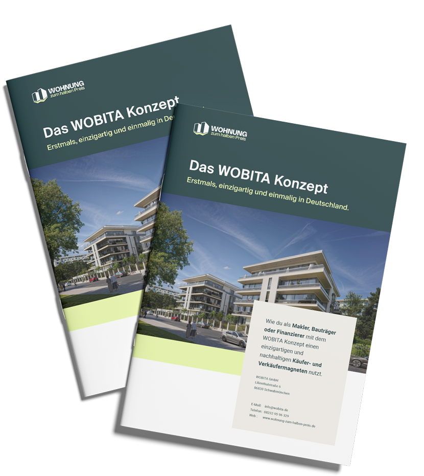 Zwei gedruckte Broschüren zum WOBITA Konzept mit modernem Neubau auf dem Cover, daneben Call-to-Action zum Download.
