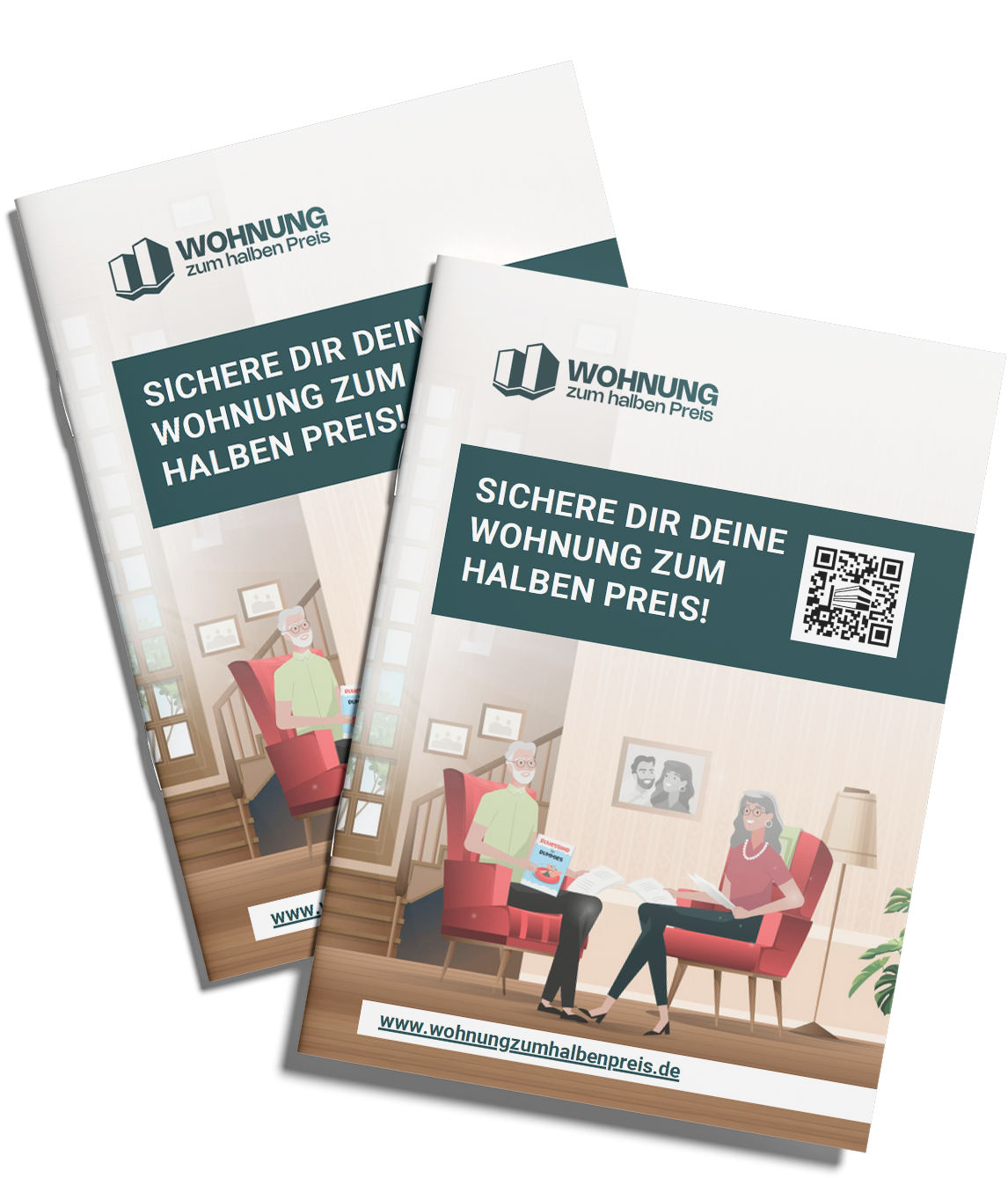 Zwei Infobroschüren mit dem Titel "Sichere dir deine Wohnung zum halben Preis" liegen schräg übereinander auf grauem Hintergrund