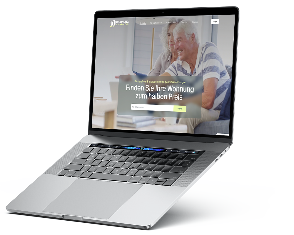 Laptop mit geöffneter WOBITA Plattform – Verkaufsseite für altersgerechte Eigentumswohnungen.